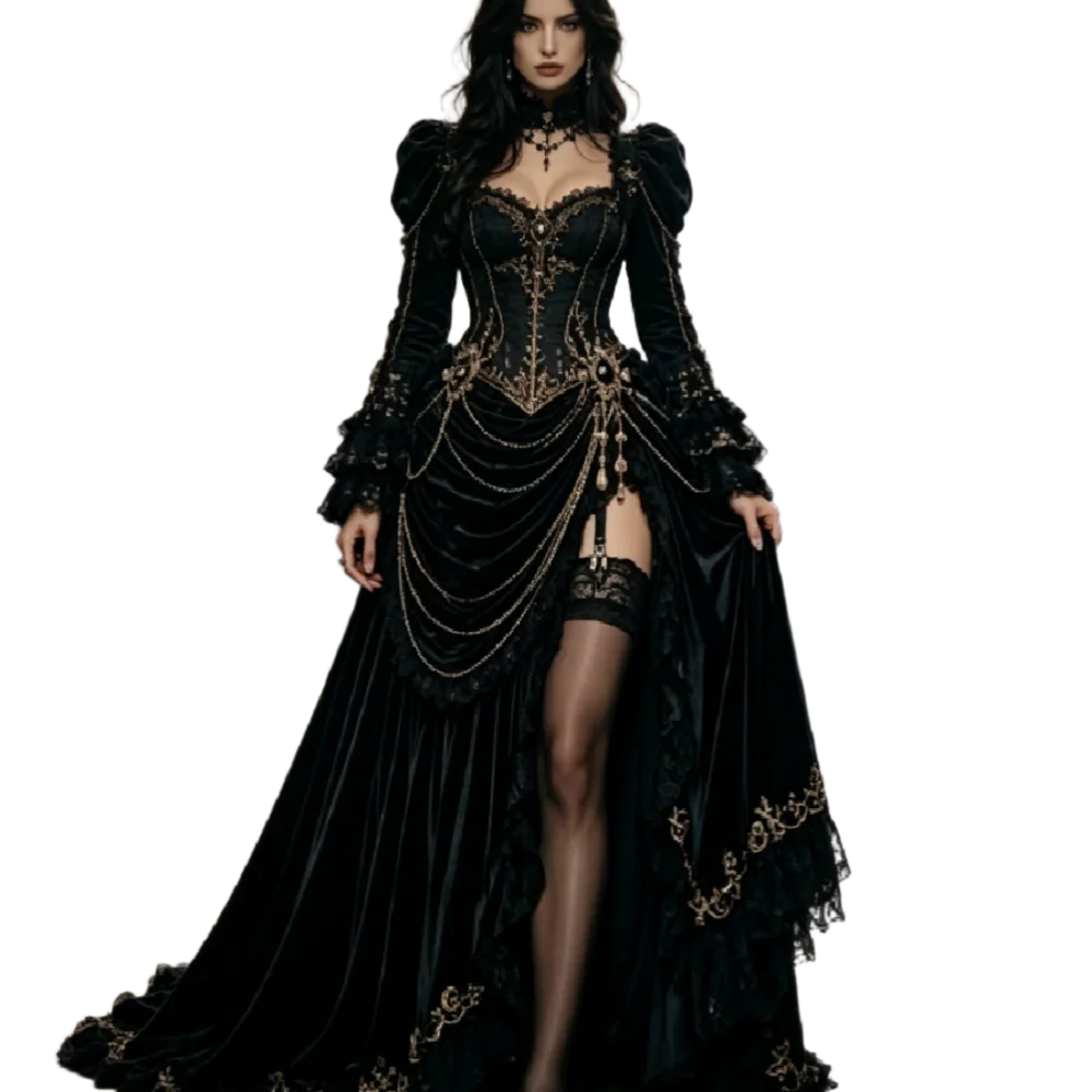 Victorian Gothic Black Velvet Wedding Dresses 2026 High Slit Chain Detailing Vampire Withcy Bridal Gowns Medieval Costume Party