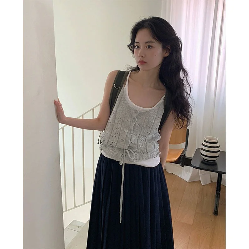 

Вязаная плиссированная юбка Ele Knitted ter Ne для женщин, с высокой талией, миди, с пуговицами, повседневная, летняя коллекция 2025 Selfwill