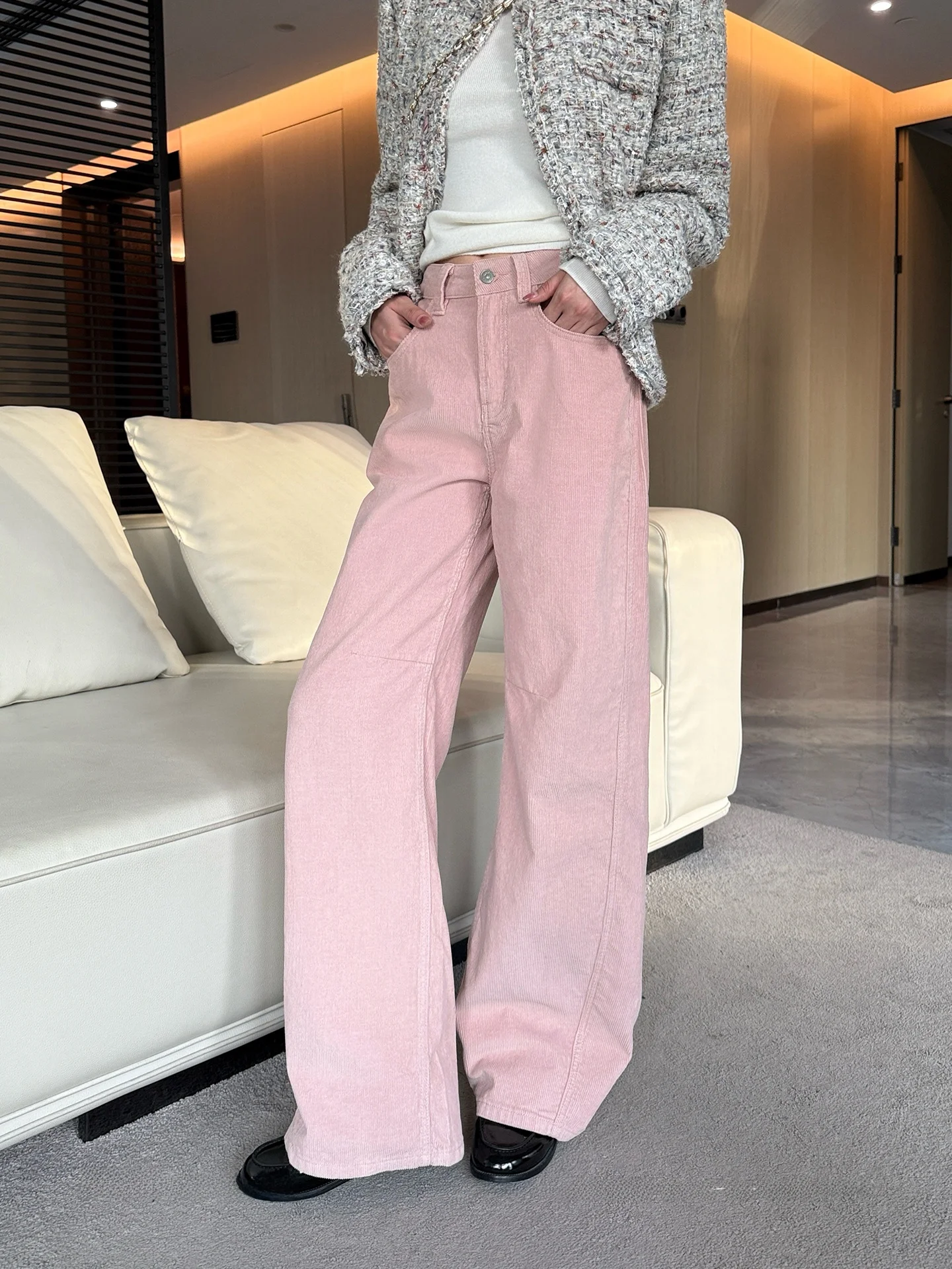 

High Quality Qiangwen Small Pink Pants 99% Cotton Corduroy Women's Wide Leg Pants Slimming Effect Casual High Waist Zipper