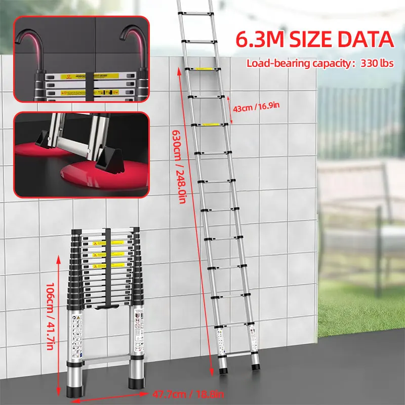 BRSTHECO 2,6/3,2/3,8/4,4/5,1/6,3 m telescopische roestvrijstalen ladders, lichtgewicht, capaciteit van 150 kg, kamerdecoratie