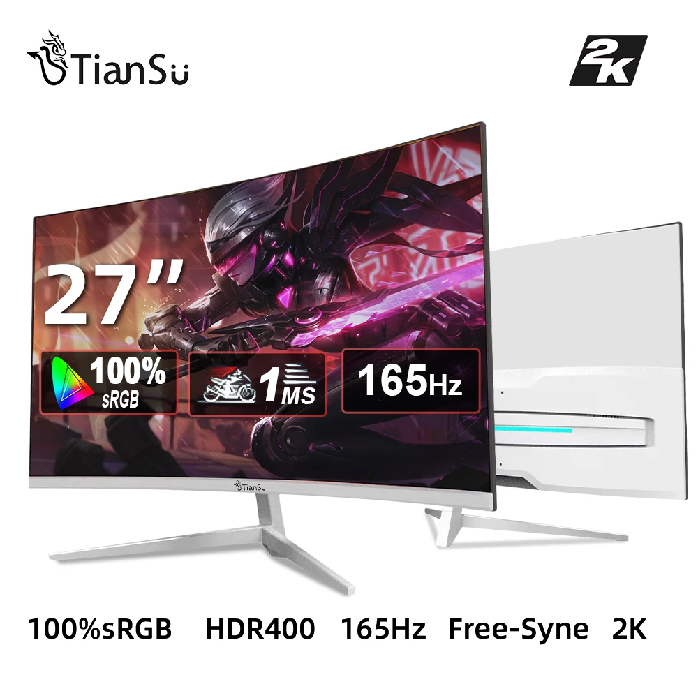 TIANSU 27 дюймовый монитор 165 Гц 2K 144 Гц игровой монитор белый криволинейный монитор PC HDMI 1ms быстрый IPS 2560 *1440P