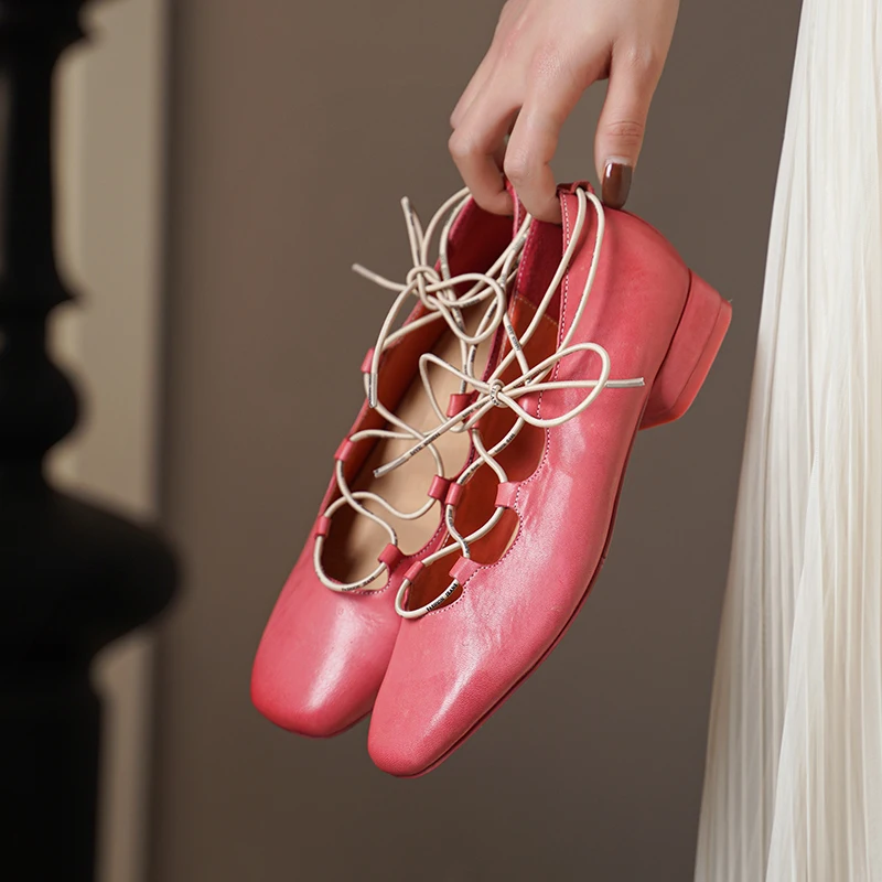 ماري جينس نساء جلد الحصان شريط مرن ساحة تو الضحلة الشقق فستان صيفي أحذية السيدات اليدوية