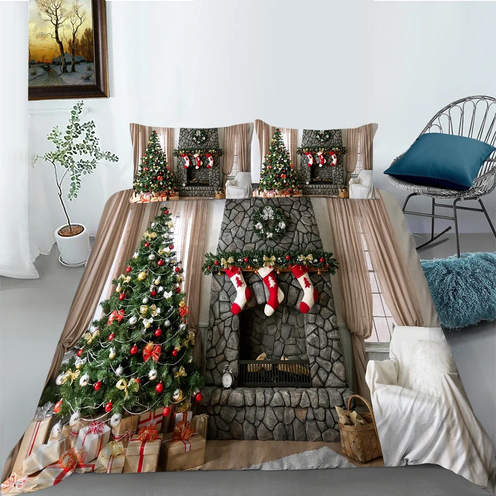 Christmas Stockings Duvet Cover Print Fireplace Polyester for Kids Boy Girl Christmas Present Christmas Element Theme Room Decor