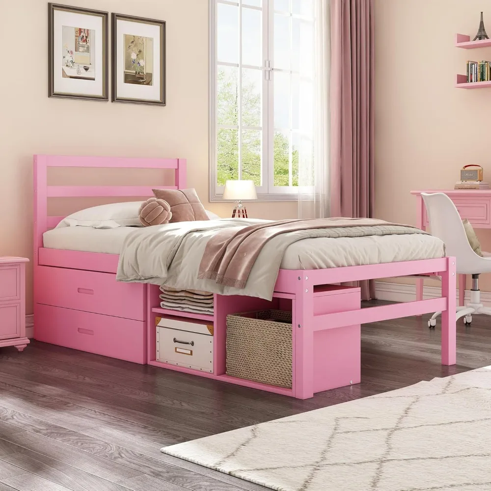 

Pink Twin Platform Bed Frame with Removable Shelves & Storage Drawers, Wooden Twin Size Beds Frame with Headboard