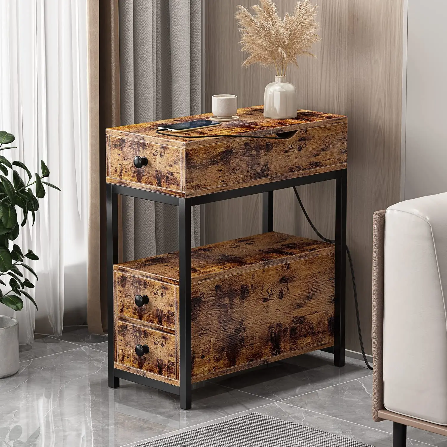 

Contemporary American Wooden Side Table With Double-Layer Storage Flip Cover And USB Charging Port For Living Room Or Bedroom