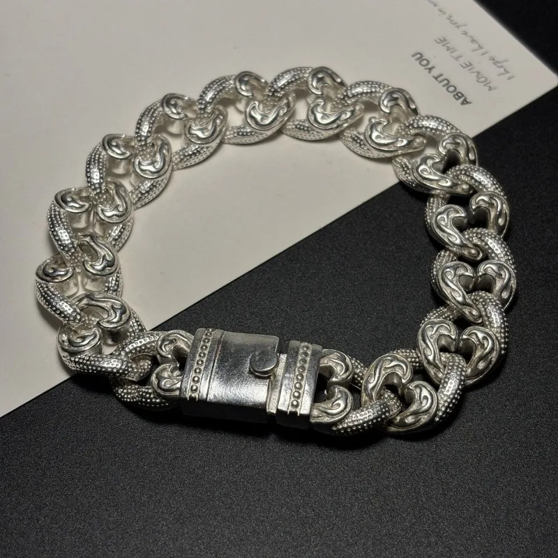 Vintage Collectible Old Silver Style Bracelet for Men, Copper Silver Plated Auspicious Pattern Lucky Wealth Punk Jewelry Gift