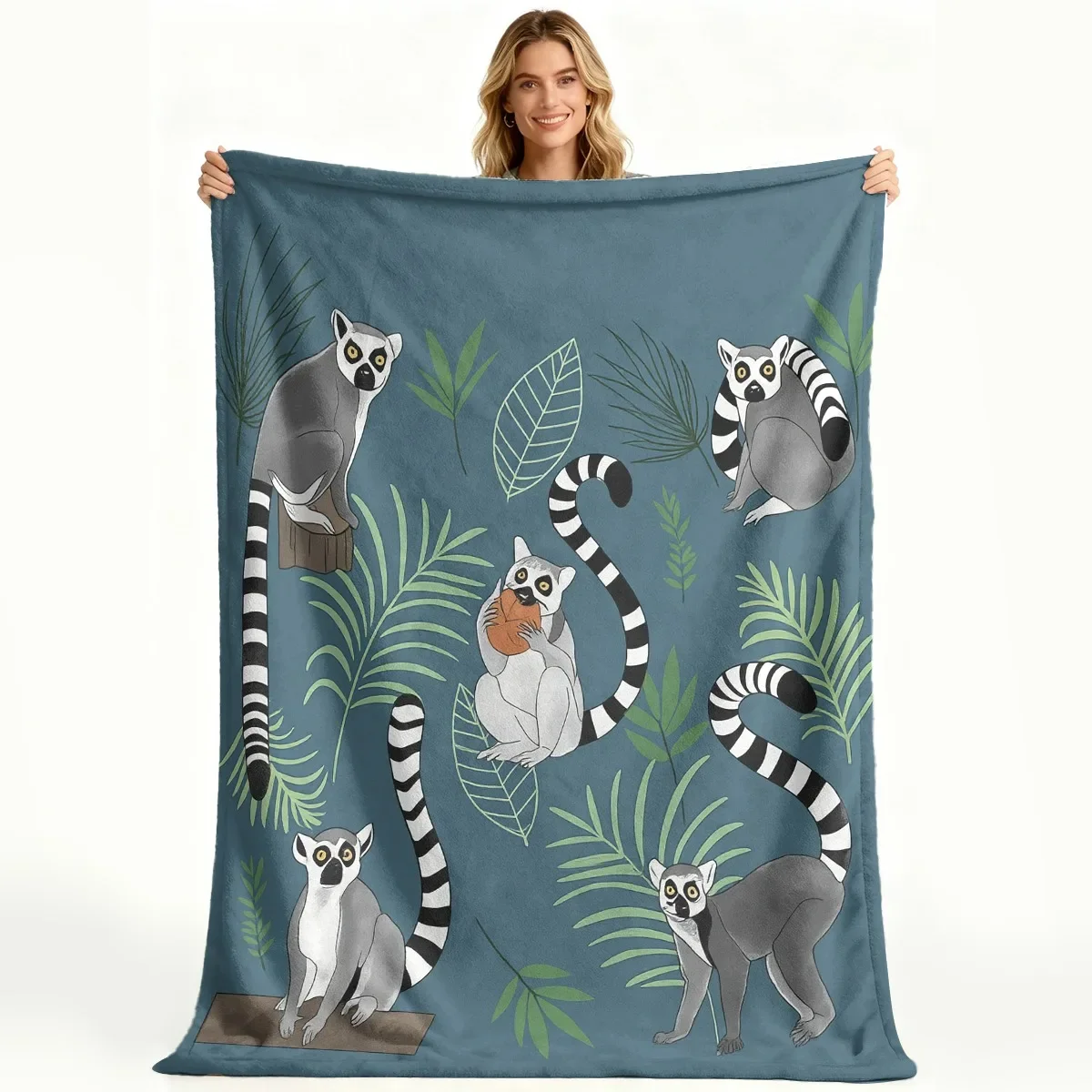 Cozy Flannel Blanket with Adorable Lemur & Leaf Print | Soft, Breathable Polyester, Machine Washable, Perfect for All Seasons, Ideal Gift for Family & Friends, Lemur