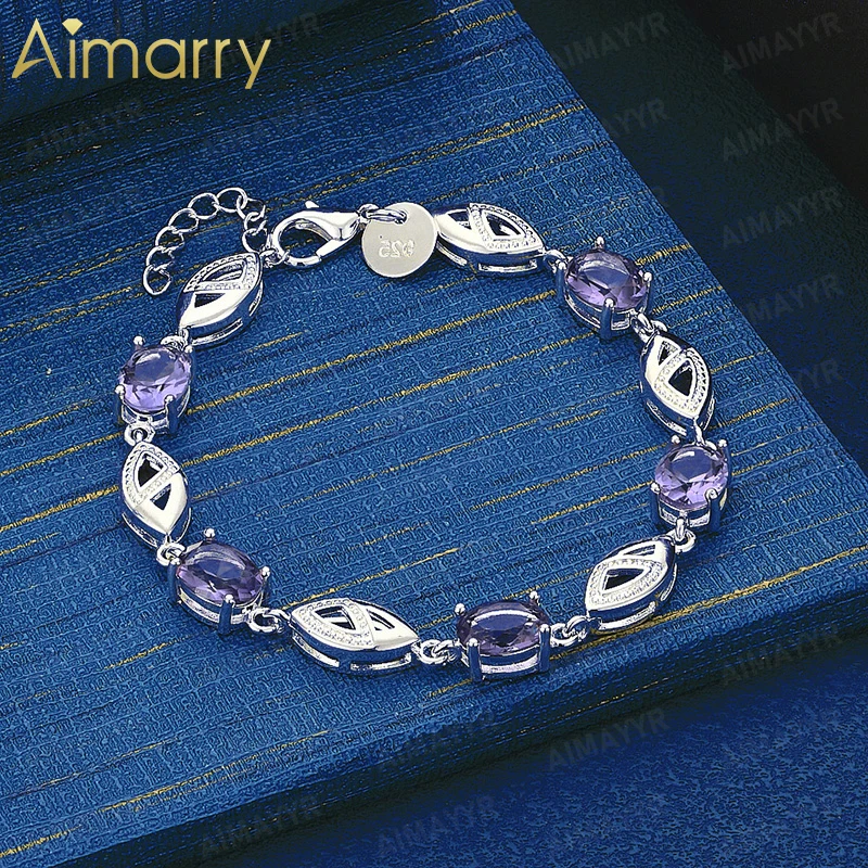 925 Sterling Silver Purple Oval AAA Zircon Hollow Blade Splicing Bracelet for Women's Banquets High-quality and Fashion Jewelry