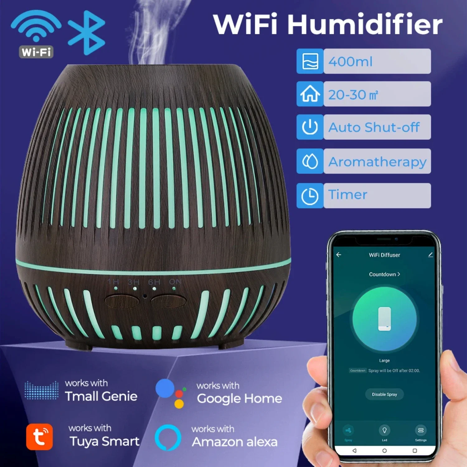 

Dark Wood Grain Smart WiFi 400ml Essential Oil Diffuser - App Controlled Aromatherapy Therapy Humidifier for Relaxation and Stre