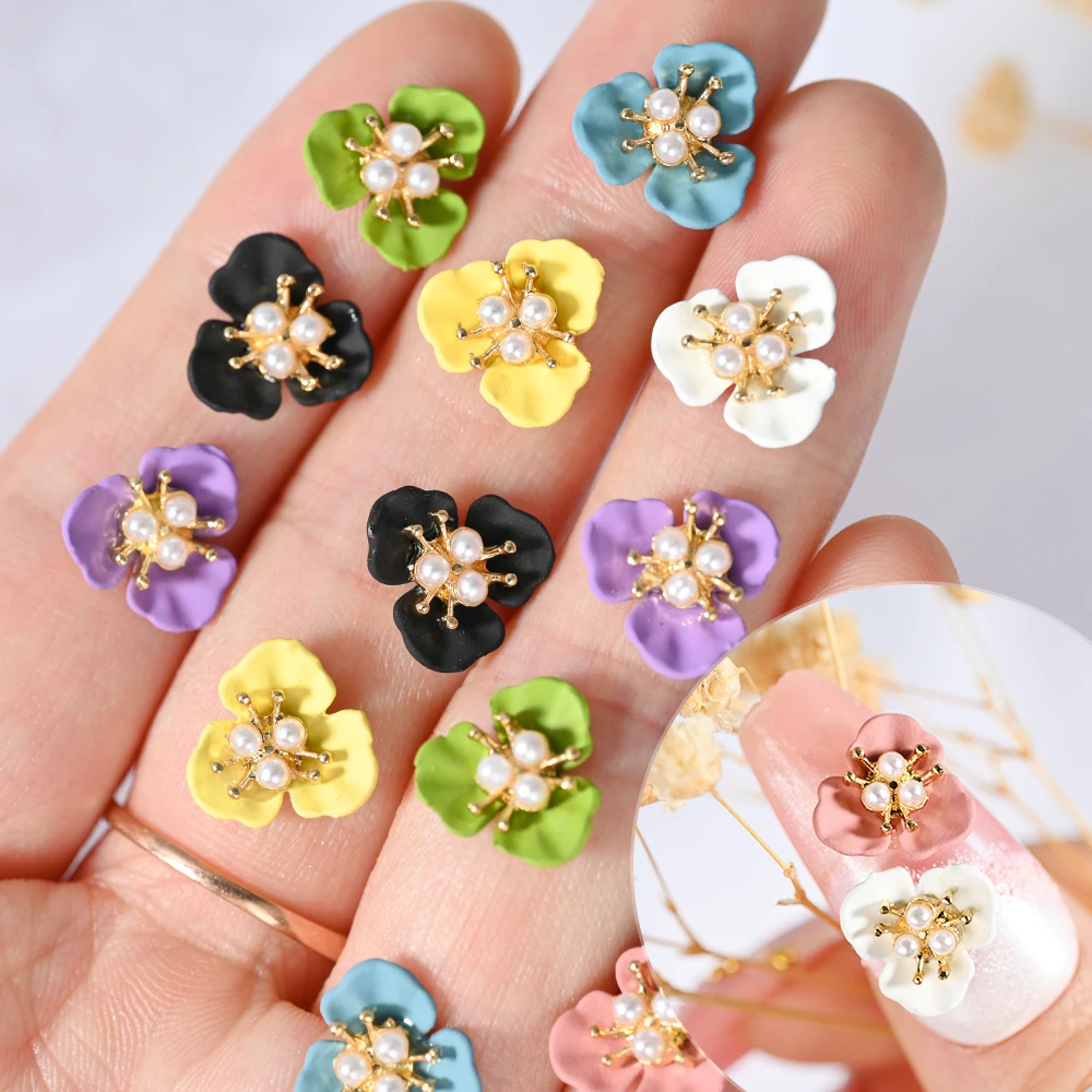 10pcs/lot Kawaii Pearl Flowers 3D Alloy Nail Art Charms 3-Petal Floret Acrylic Nail Rhinestone Alloy Pearl Manicure Decorations