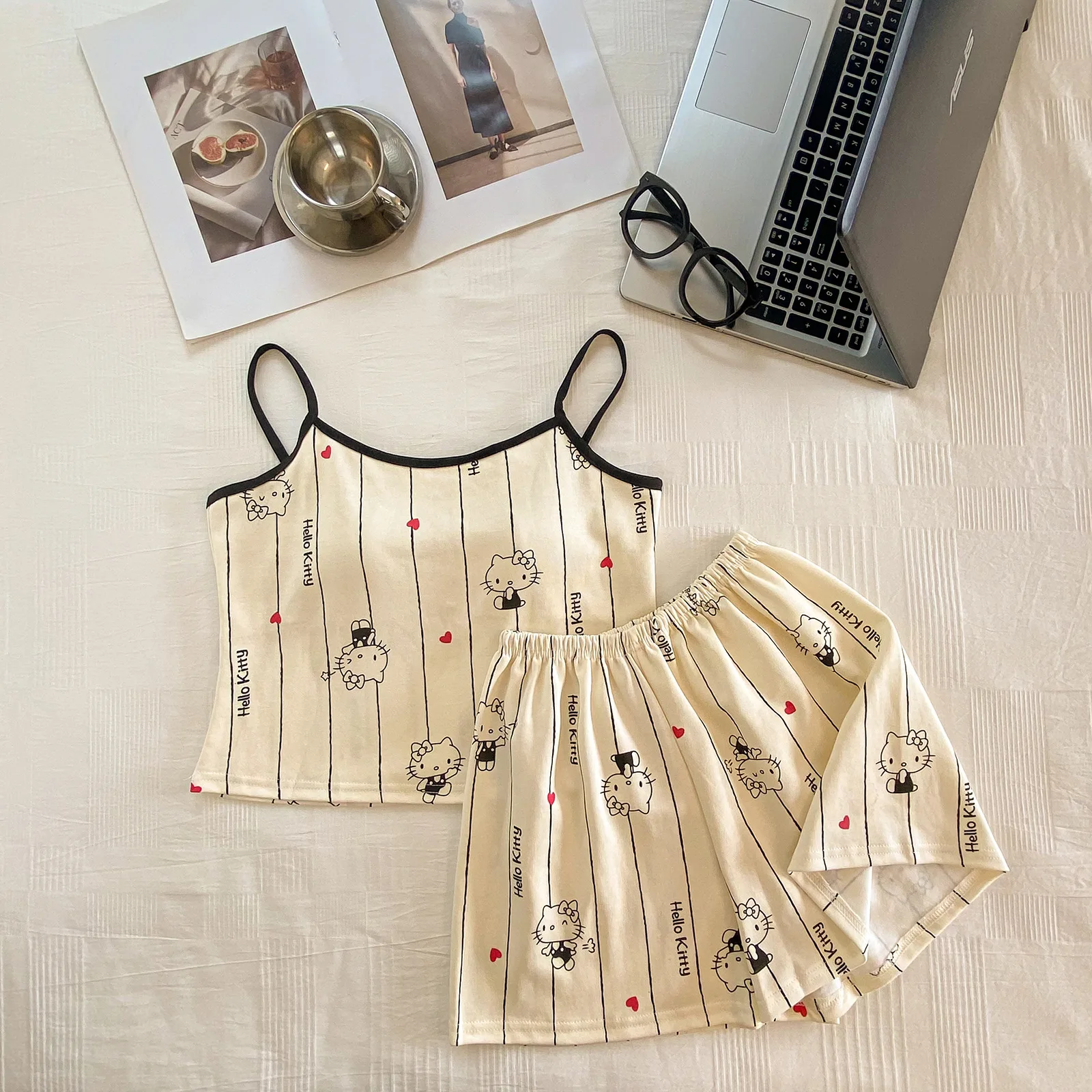 سانريو مرحبا كيتي بيجامة البدلة حبال فتاة طالب الصيف الكرتون القطن الخالص تي شيرت Y2K kawalismo مع وسادة الصدر هدية حلوة #4