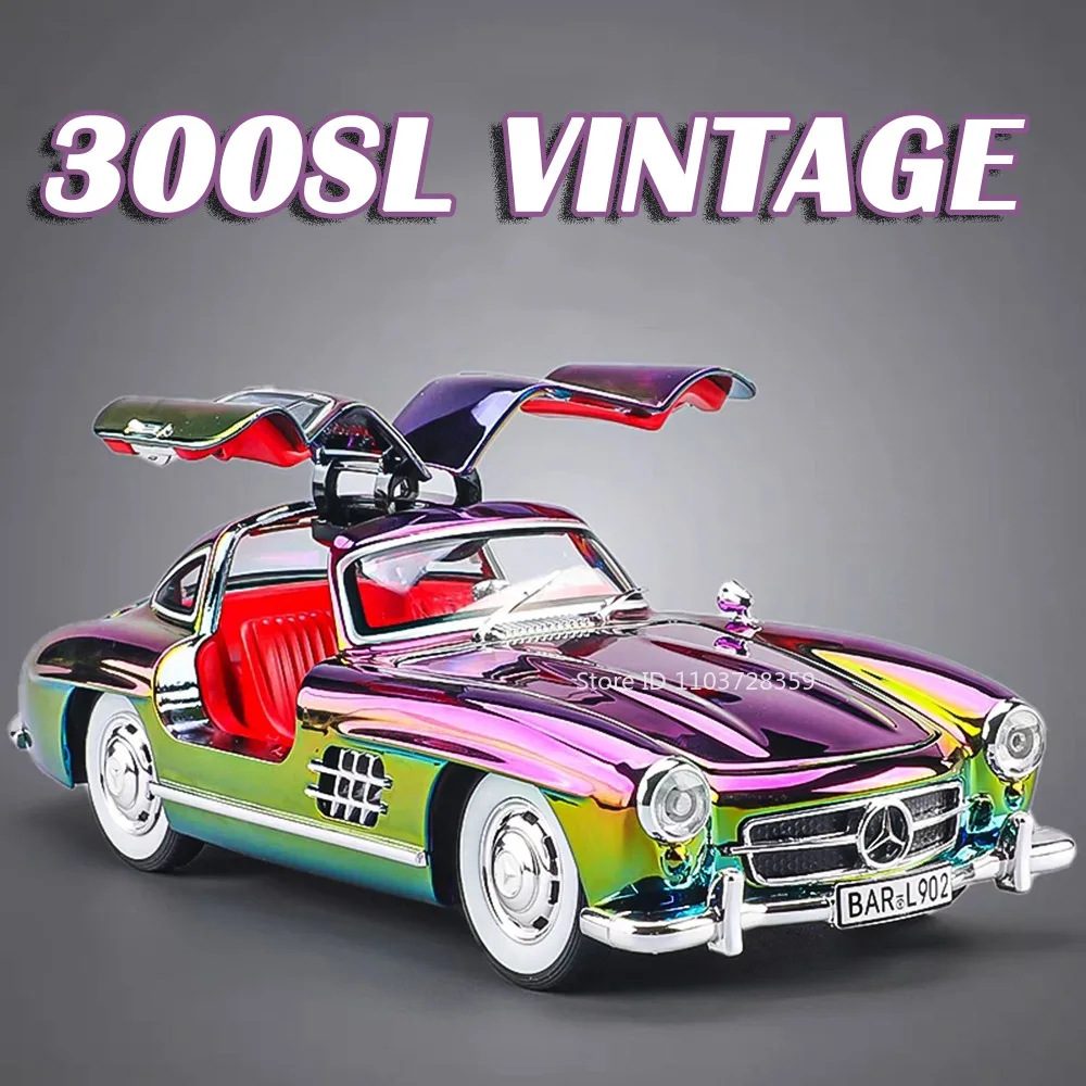 

1:24 300SL 500K Vintage Car Model Miniature Toy Alloy Diecast Sound Light Doors Opened Pull Back Shock Absorption for Kids Gifts