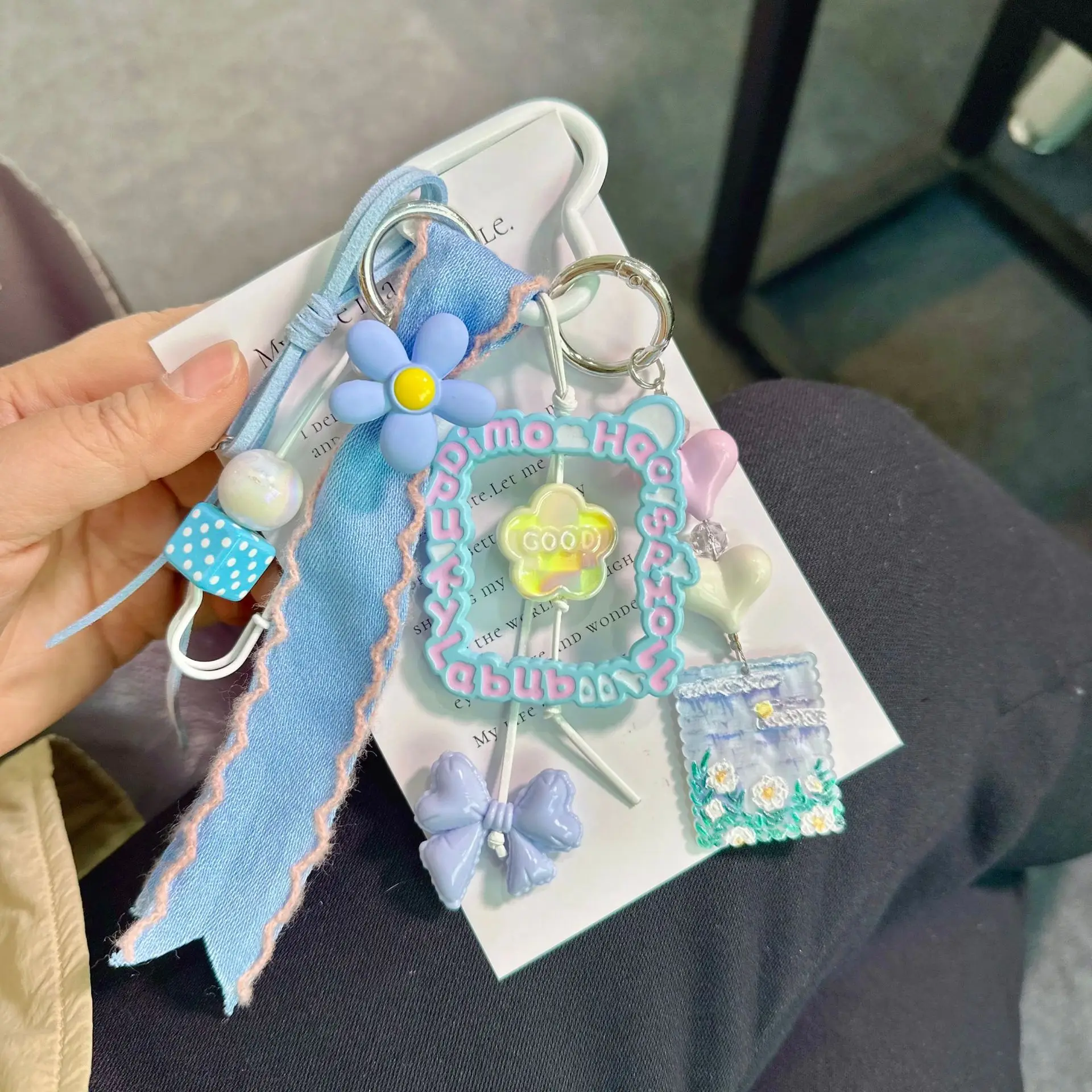 Creative DIY Bag Candy Violin Cheese Beaded Keychain Accessories Cute Bear Love Bow Pearl Chain Woven Lanyard Keyring Gift