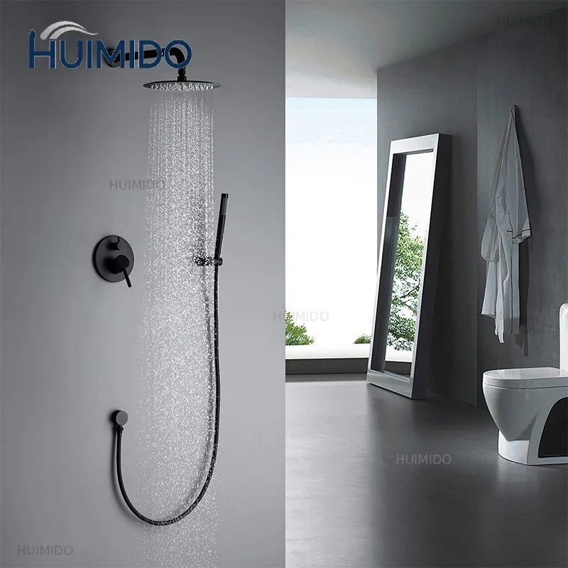 Sold Brass Matte Black Round Shower Set 8/10/12 Inch Head Straight Wall Arm Set With Mixer Taps Alba Black Bathroom Bath Faucet
