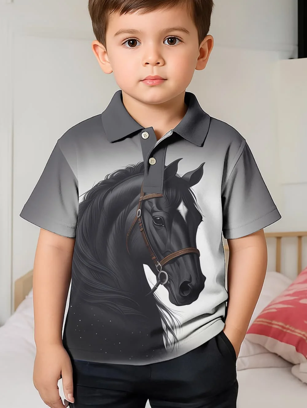 Camisetas Polo con Gráficos de Caballos Estilo Harajuku para Niños, Camiseta Polo de Manga Corta con Estampado 3D de Animales, Ropa Informal Holgada para Niños