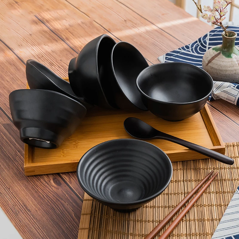 KINGLANG 1pc Japanese Restaurant Plastic Rice Bowl Spoon Melamine High Quality Black Color Hotpot Soup Bowl Restaurant Tableware