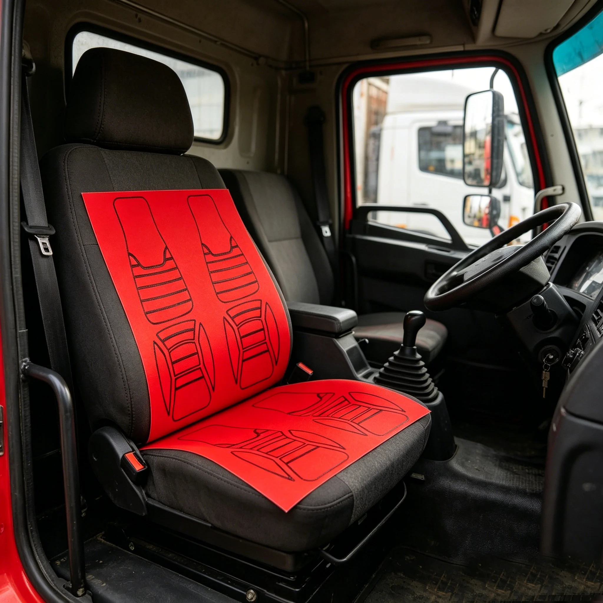 RC 1/14 1 pieza de asiento de gamuza de simulación de color rojo con pegatinas decorativas para camión volquete Tamiya, camión Scania MAN Tripper, piezas DIY