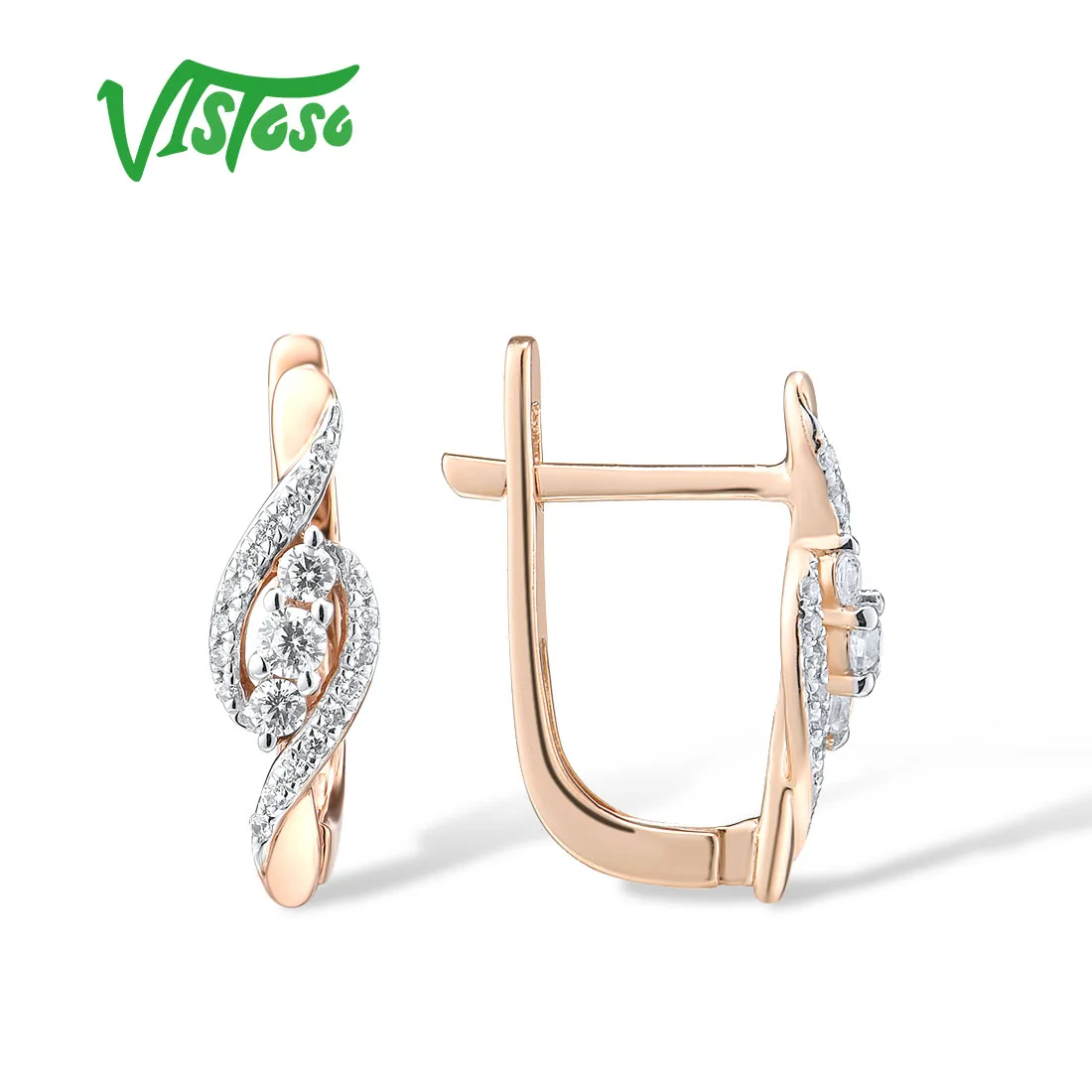 VISTOSO Authentic 14K 585 Rose Gold Latch Back Earrings For Women Sparkling Diamond Wedding Anniversary Charming Fine Jewelry