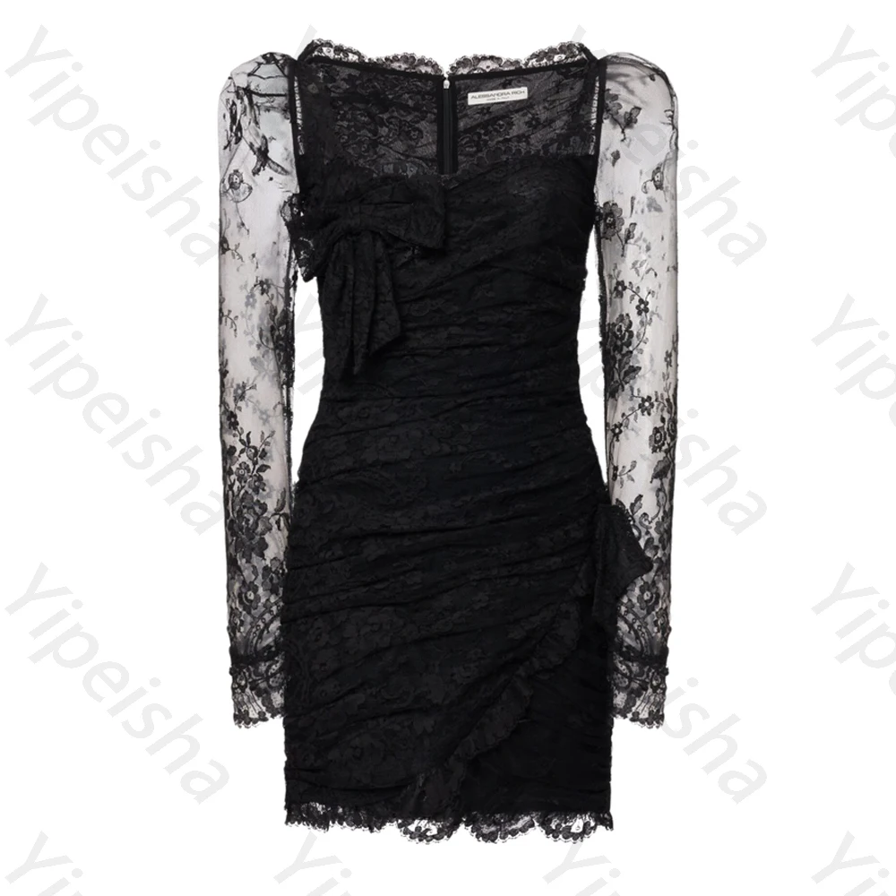 레이스 드레이프 긴 소매 칵테일 드레스 우아한 연예인 드레스 여성을위한 절묘한 고품질 파티 파티 가운 맞춤형