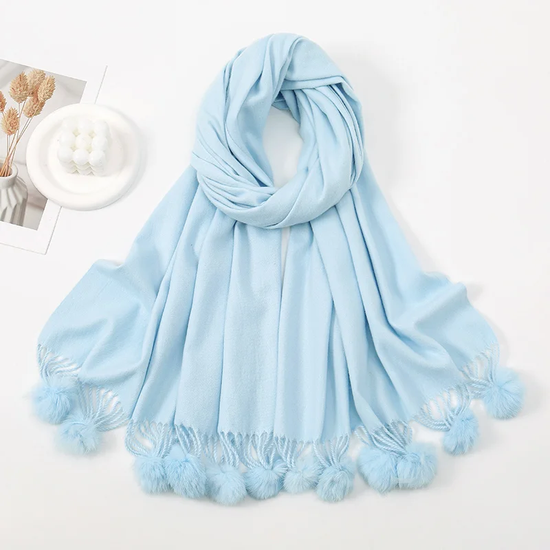 

Winter Extended Extra Thick Solid Color Scarfs for Women Muffler with Lovely Hairball Tassel Outdoor Insulation and Warm