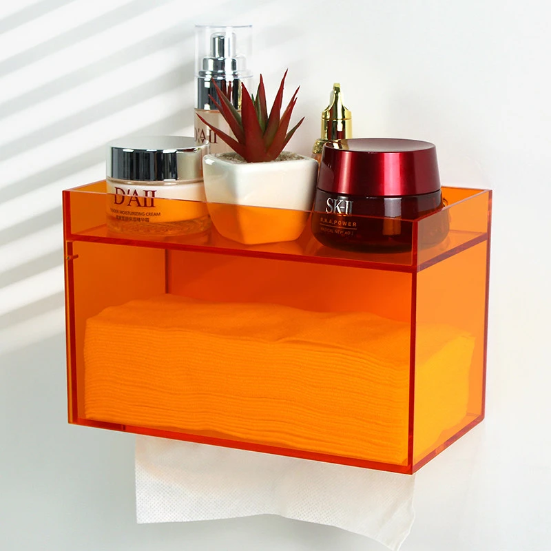 Acrylic Wall Mounted Tissue Box Holder, No Drilling Paper Towel Dispenser Caddy, Clear Tissue Storage for Bathroom Kitchen Home