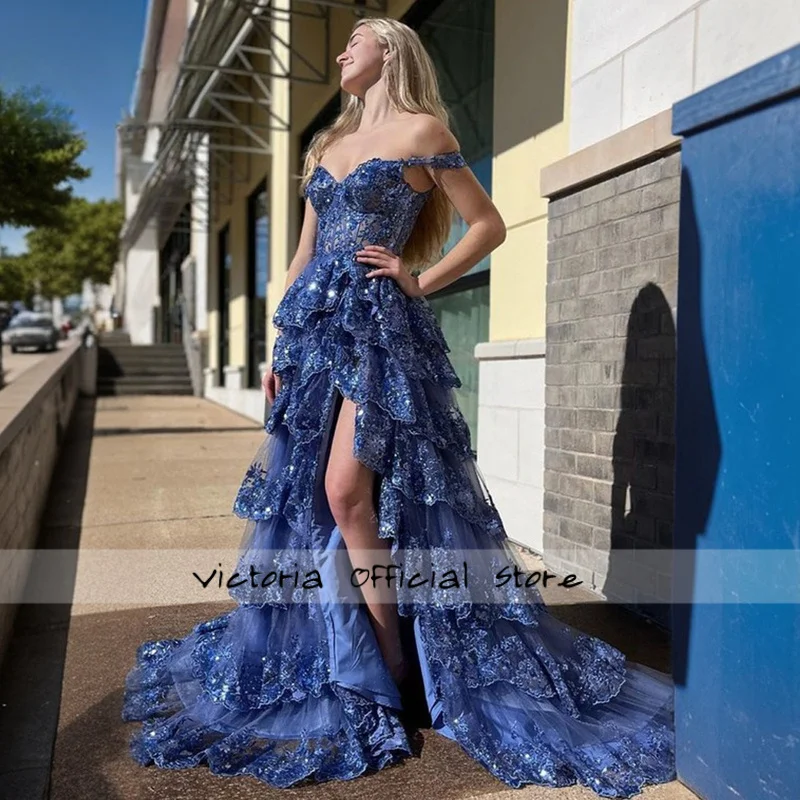 Exquisite Tiered Skirt Illusion Corset Prom Dresses With Floral Applique Sparkly Long Split Elegant Gowns For Women Customized