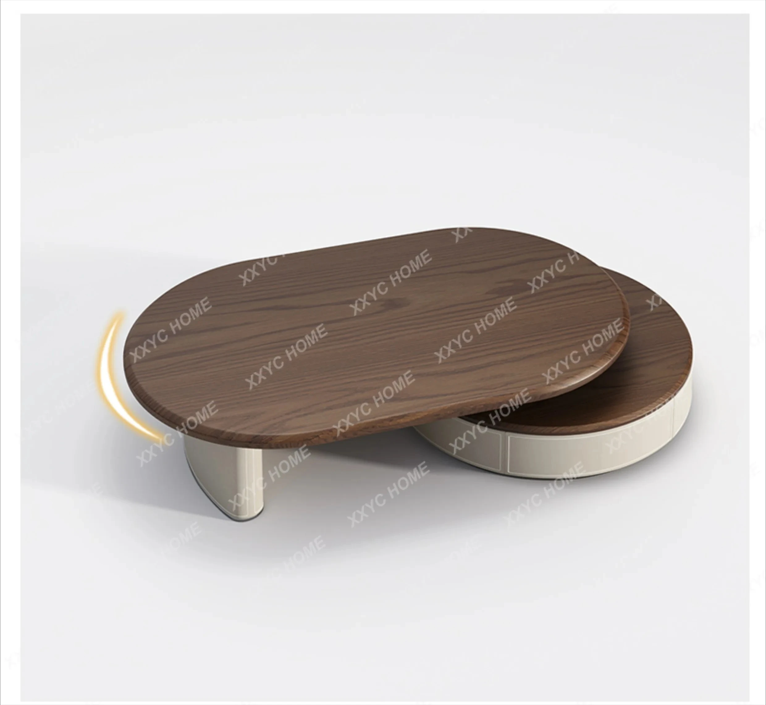Y Retro style walnut pattern retractable round coffee table solid wood home living room high-end saddle leather, coffee table