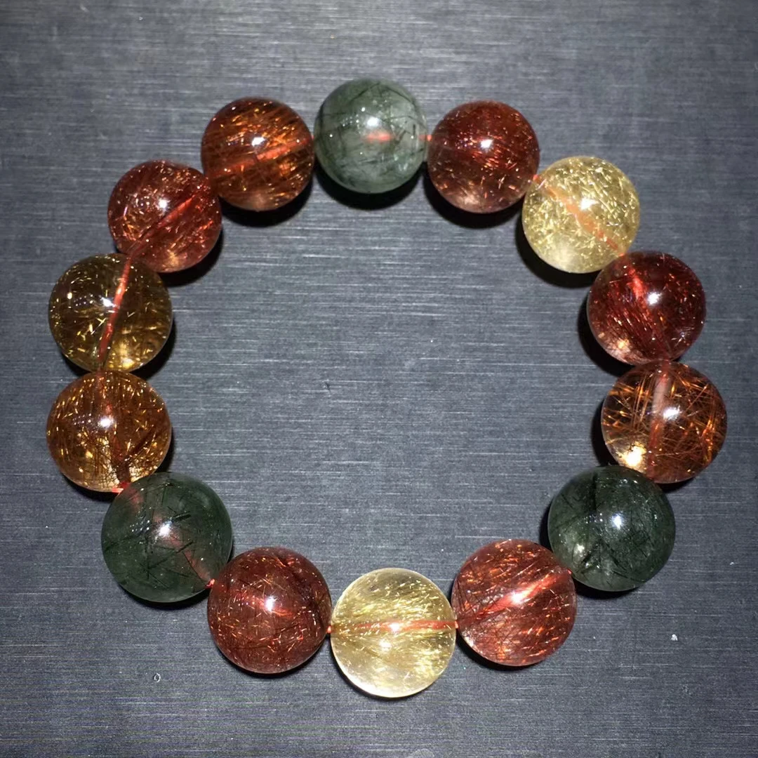 

Natural Copper Gold Rutilated Quartz Bracelet 16.3mm Cat Eye Round Beads Green Rutilated Women Man Bracelet AAAAA