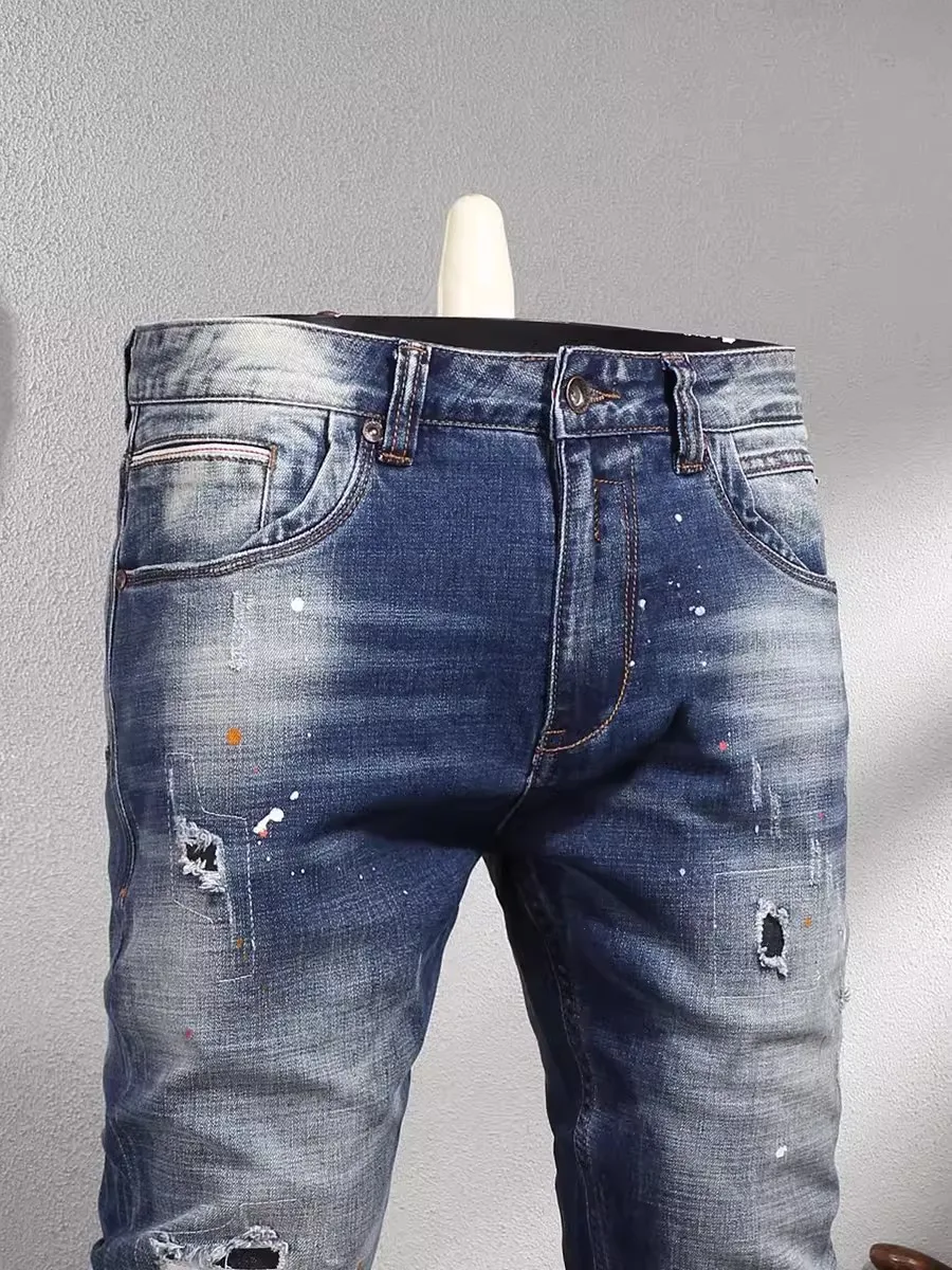 Fashion Designer Men Jeans High Quality Retro Washed Blue Stretch Slim Fit Ripped Jeans Men Vintage Casual Denim Pants Hombre