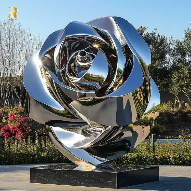 نحت زهرة معدنية مزخرفة كبيرة للحديقة، نحت ورد من الفولاذ المقاوم للصدأ #6