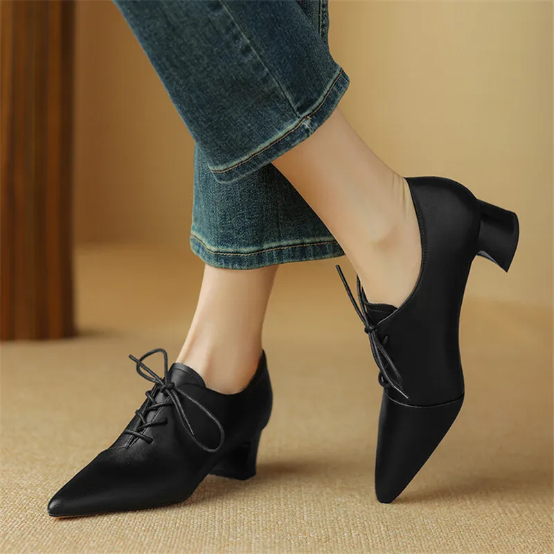 New Spring Split Leather Women Shoes Pointed Toe Women Pumps Chunky Heels Loafers Shoes for Women French Retro Lace Casual Shoes