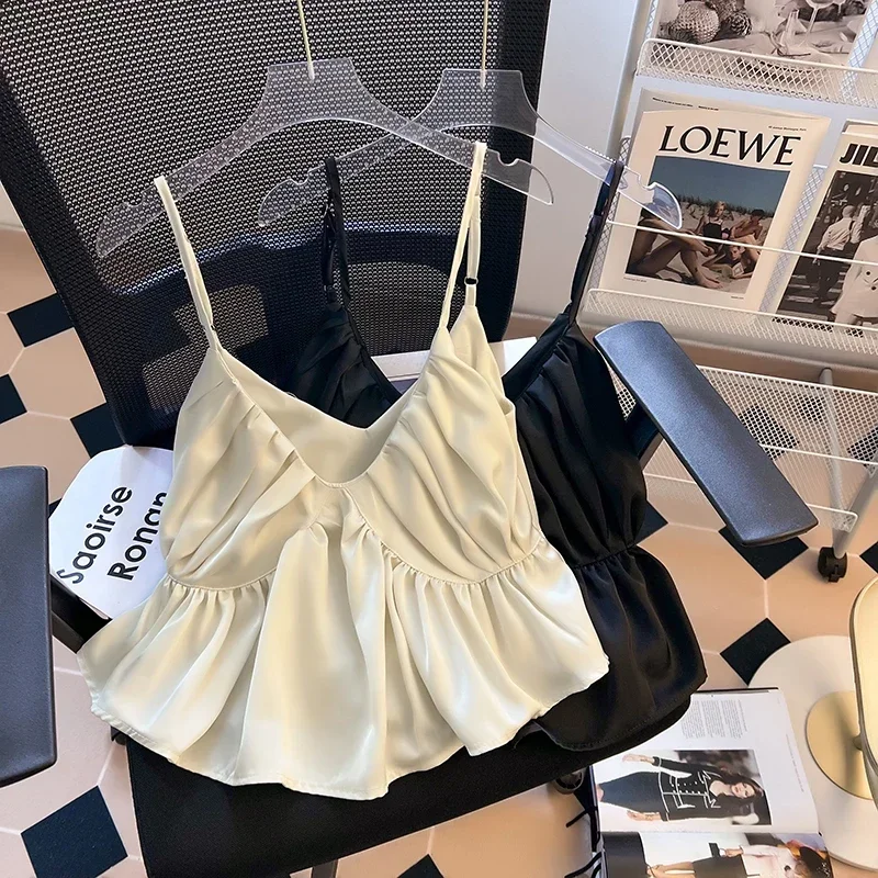Odzież damska ze słodkim tankiem bez rękawów, na ramiączkach letnia kamizelka luźne falbany moda Camis koreańskie słodkie topy Y2k 2023 Ropa Mujer