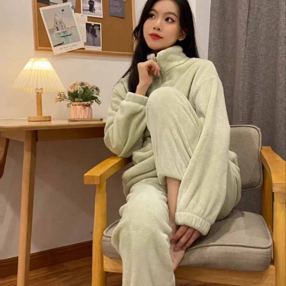 

Women'S Thicken Velvet Ribbed Fleece Warm Solid Winter Warm Pullover And Pants Zip Suit Pajama Sets Can Be Worn Externally 2 Pcs