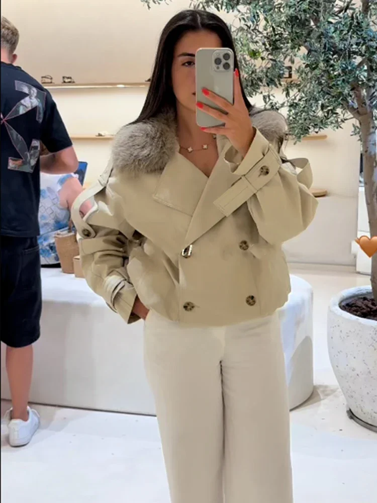 Chic Fur Collar Short Windbreaker Coat Women Fashion Double Breasted Pocket Loose Jacket Autumn Daily Commuting Office Outerwear