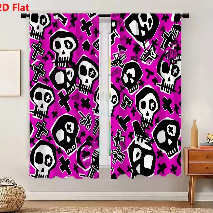 2Pcs Curtains Add 2D Flat Vibrant Magenta Skull Pattern With Crosses And Abstract Symbols In Punk Gothic Style Window Drapes for