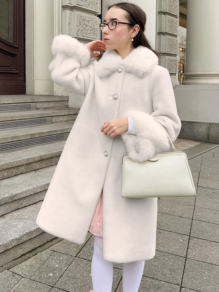 Trendix أنيقة فو الفراء طوق معطف المرأة الشتاء ضئيلة المرقعة جيب دافئ خندق الشارع عادية طويلة فو الثعلب الفراء ملابس خارجية