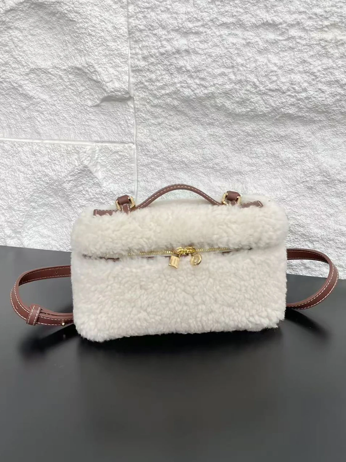 Lamb Fur Makeup Box Small Square Bag Genuine Leather Handbag Lunch Box Bag Single Shoulder Slant Cross Small Bag for Women