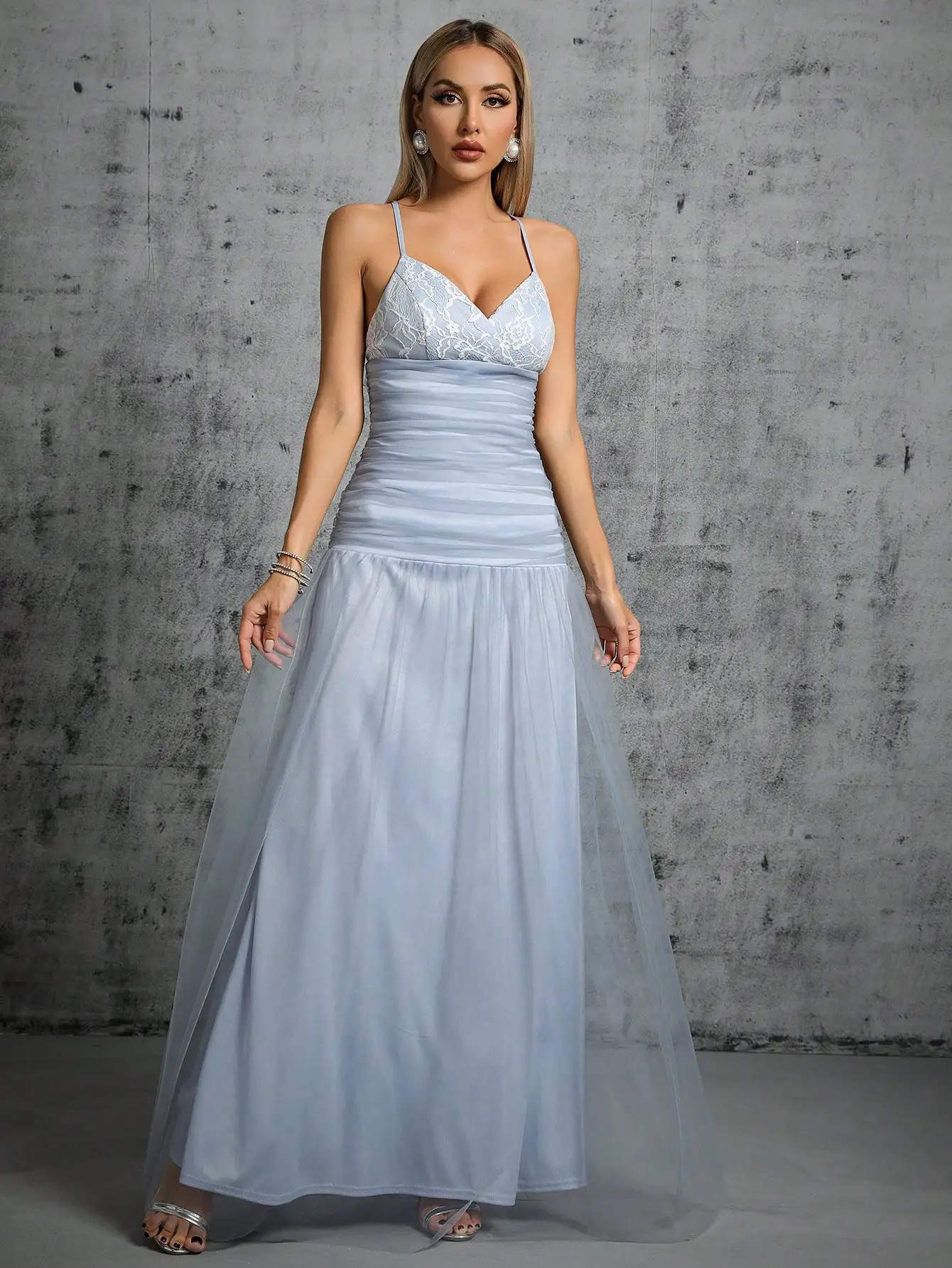 

Mgiacy Sexy White Lace Waist-Ruffled Net Silk Long Dress