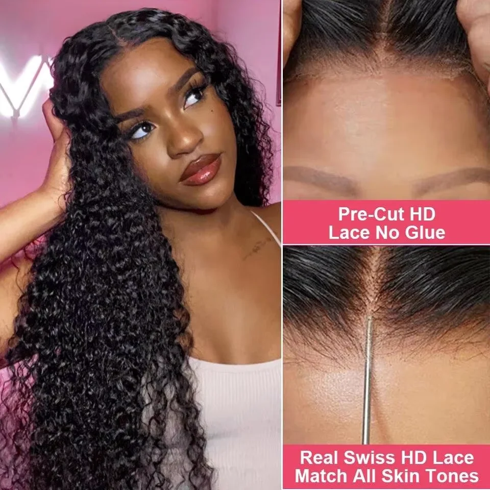 7×6 Closure Glueless Burmese Curly Glueless Wigs Human Hair Pre Plucked Natural Black Color Wigs Glueless Wig HD Transparent Lace Frontal Wigs 220% High Density