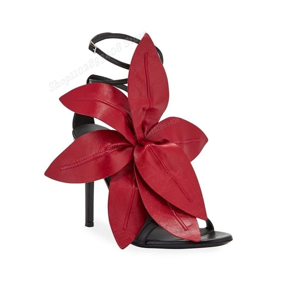 

Red Leaves Flower Decor Sandals New Fashion Design Stiletto High Heel Buckle Fashion Sexy Women Shoes 2024 Zapatos Para Mujere