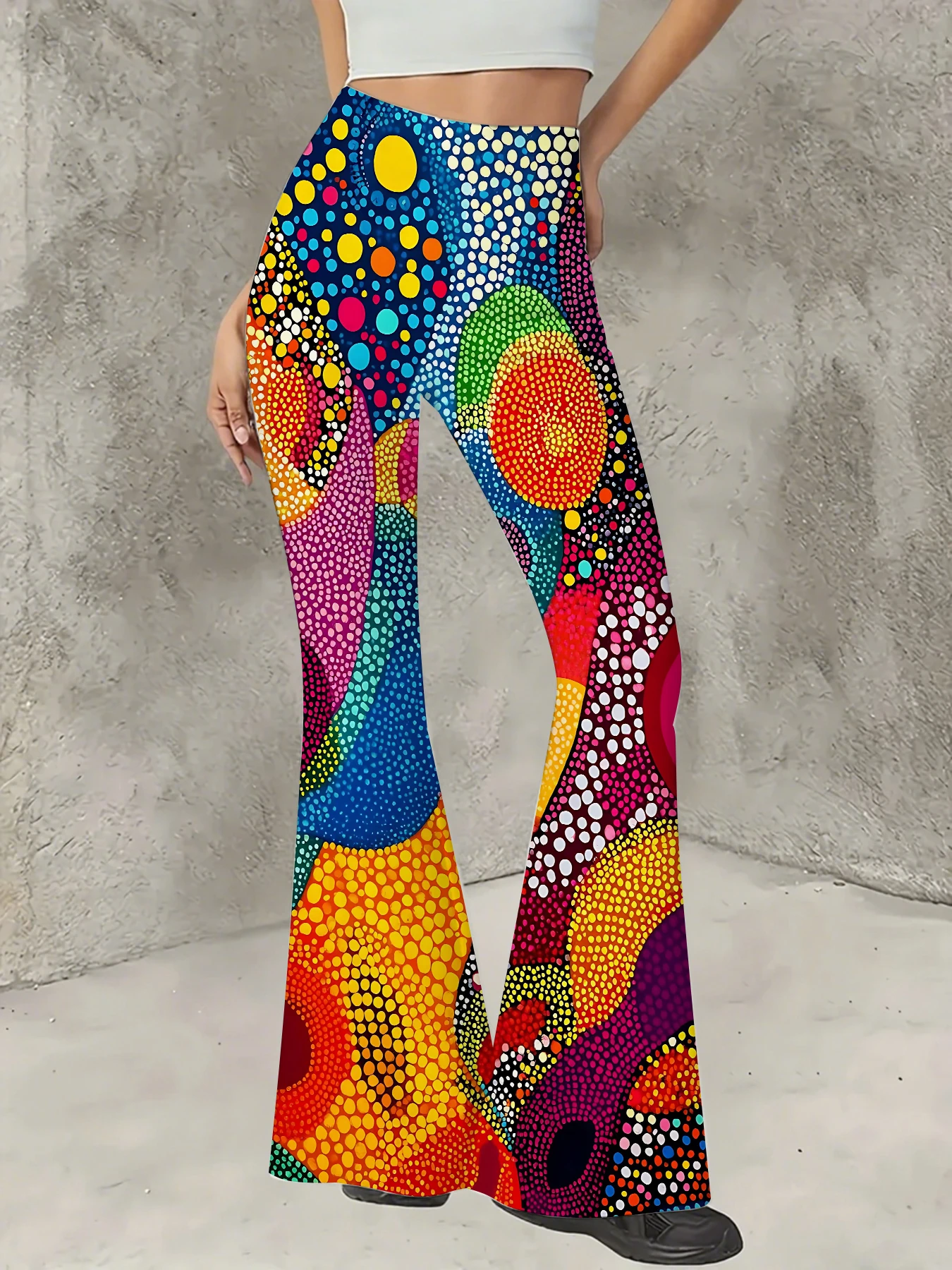 

Plus Size All-Over Print Flare Pants Women Stretchy High Waist Bell Bottom