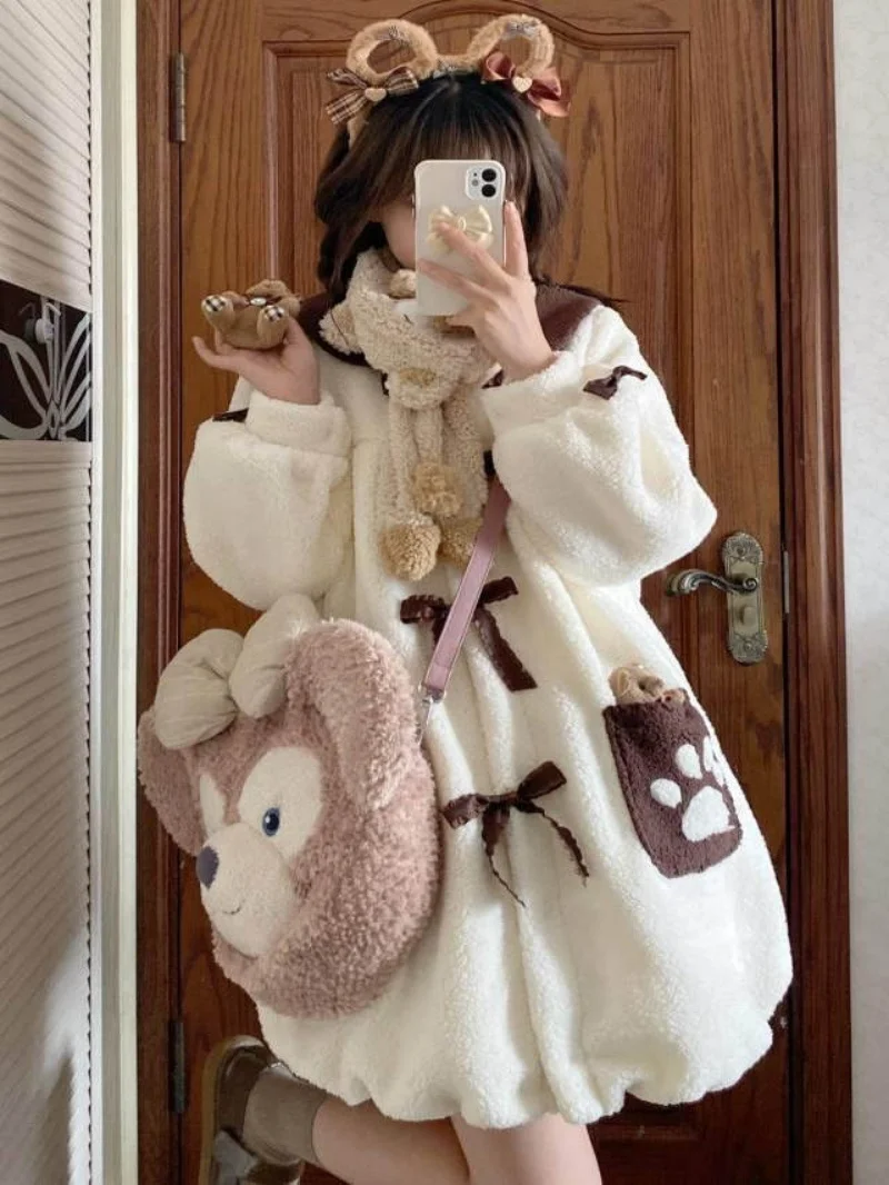 2025 Japanese Sweet Women Lolita Girl Coat Kawaii Outwear Cute Bow Pocket Soft Thicked Fur Ruffle Bud Outerweat Loose Jacket
