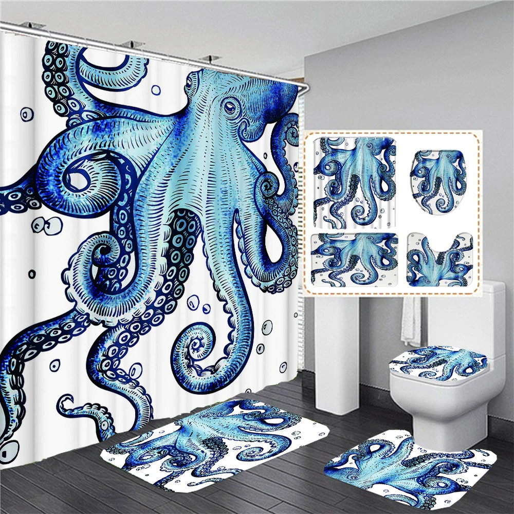 

3D Printing Ocean Sea Octopus Waterproof Fabric Shower Curtains Set Bathroom Curtain Toilet Cover Mat Non Slip Rug Home Decor