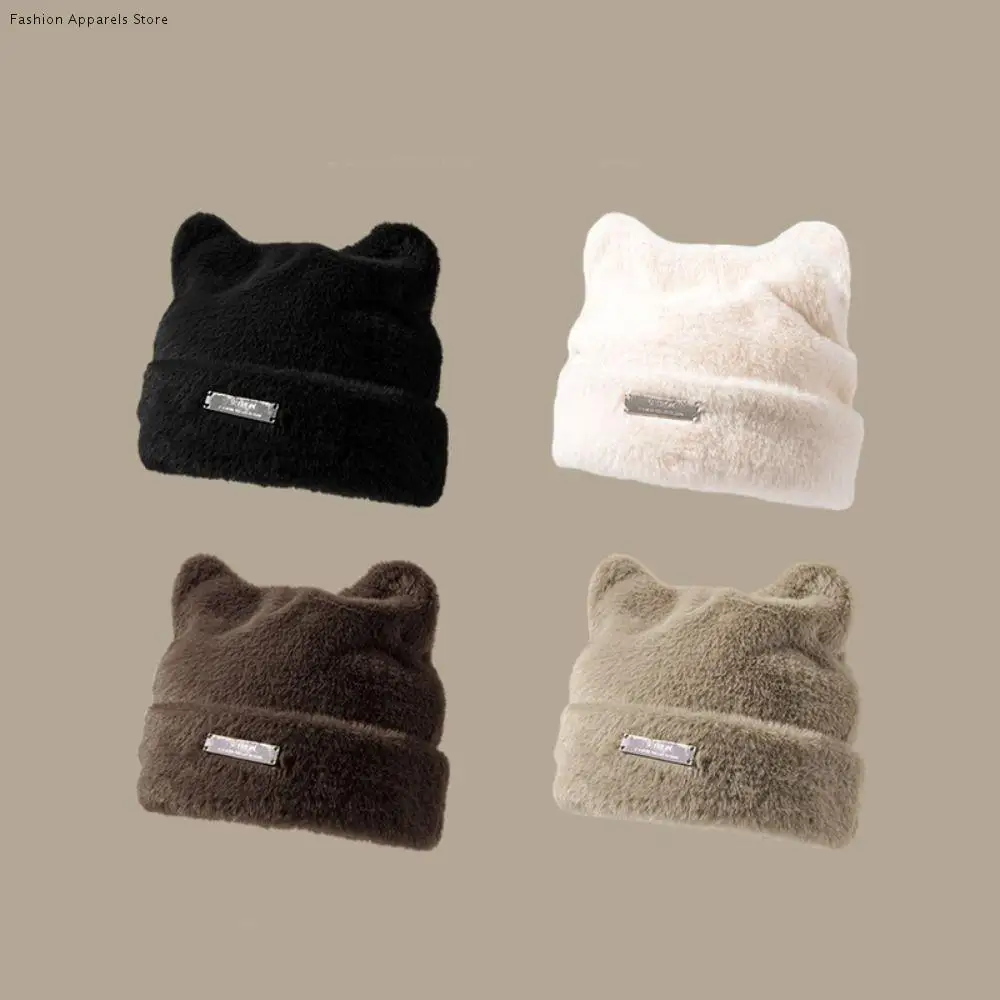 

Leisure Fluffy Cat Ears Hat Bear Ears Beanie Knitted Cap All-match Imitation Mink Wool Winter Plush Hat Outdoor