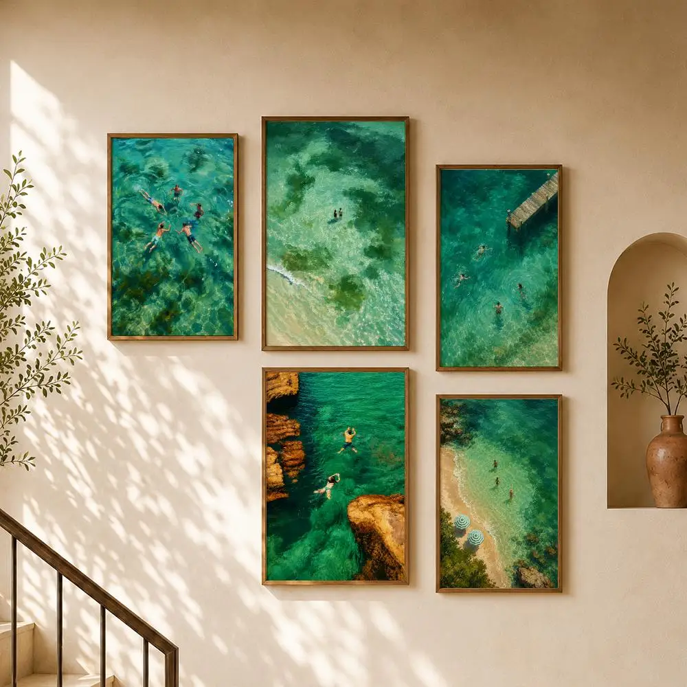 Aerial Turquoise Ocean Swimmers Tropical Lagoon Photography Poster Home Room Bar Cafe Club Decor Aesthetic Art Wall Painting