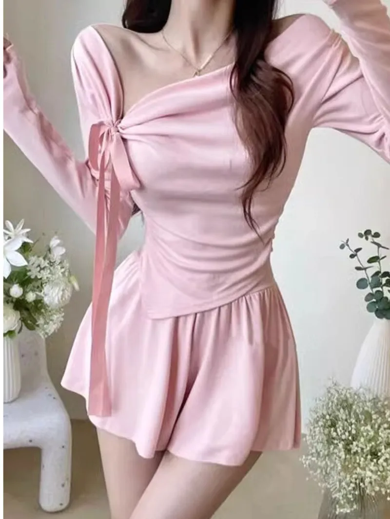 Korean Version New Skew Collar Off Shoulder Long Sleeve T-shirt+high Waisted Pleated Skirt Two Piece Set