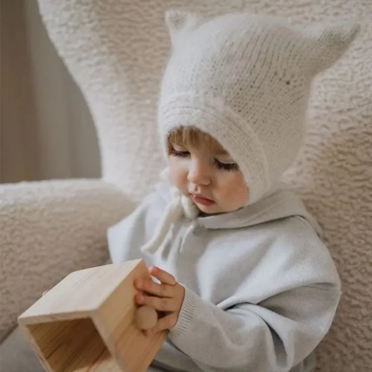 Ins-Sombrero de felpa de conejo de dibujos animados para recién nacido, gorro de algodón con protección para los oídos de encaje, lindo niño y niña,