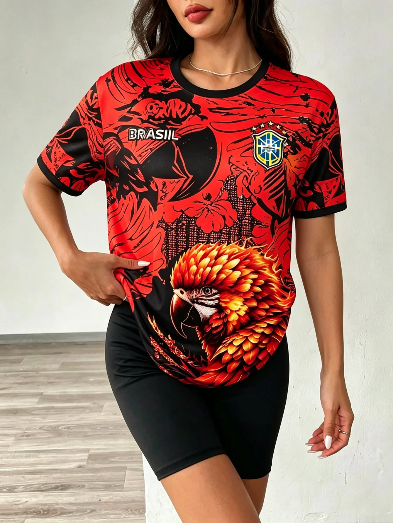 Parrot Y2K Jersey Red Black Brazil Men Women Unisex Short Sleeve Plus Size Standard Size Tropical Soccer Graphic Streetwear Top