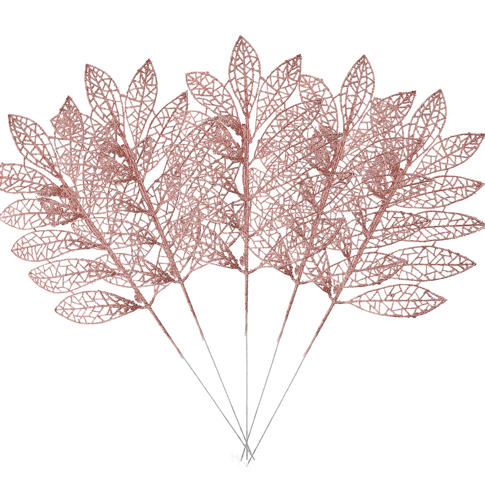 

5 Pcs Gold Powder Artificial Plant Leaves Ornaments for Christmas Tree Picks Plastic Leaf Decorations