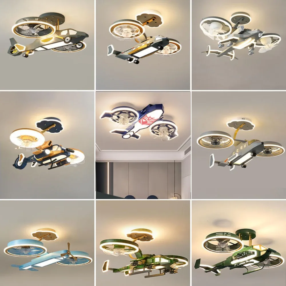 Children's Airplane Lights, Fan Lights, Remote Control Room, Creative Cartoon Fighter Model, Boys' Bedroom Ceiling Lights